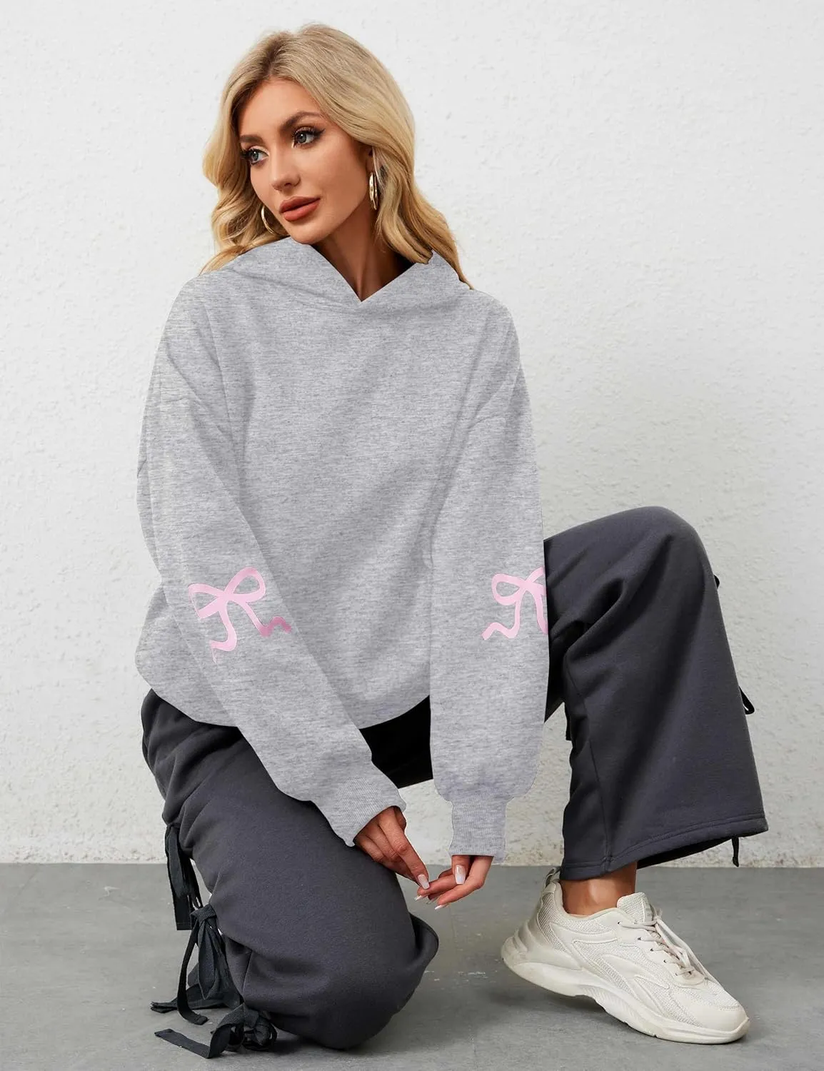 Womens Y2K Bow Trim Print Hoodie Oversized Long Sleeve Hooded Sweatshirts Graphic Pullover Top For Teen Girls