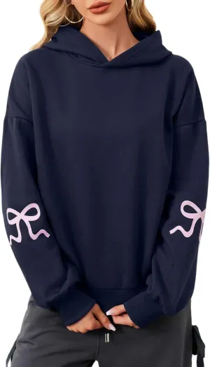 Womens Y2K Bow Trim Print Hoodie Oversized Long Sleeve Hooded Sweatshirts Graphic Pullover Top For Teen Girls