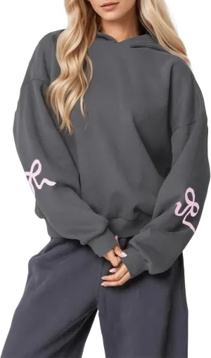 Womens Y2K Bow Trim Print Hoodie Oversized Long Sleeve Hooded Sweatshirts Graphic Pullover Top For Teen Girls