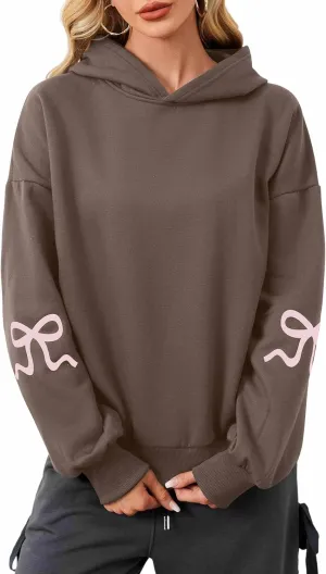 Womens Y2K Bow Trim Print Hoodie Oversized Long Sleeve Hooded Sweatshirts Graphic Pullover Top For Teen Girls