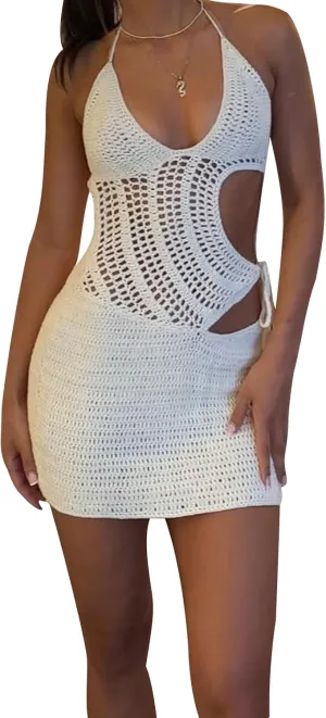 Women's Y2K Halter Bodycon Mini Dress Sleeveless Tie Backless Hollow Out Corset Knit Dress Summer Beach Maxi Dress