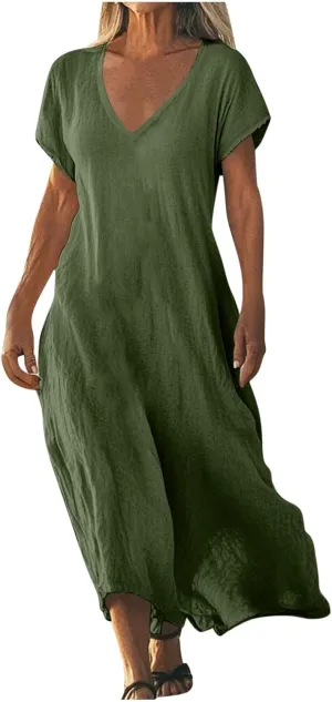 Womne's Dresses Summer Loose Fit Cotton Linen V Neck Short Sleeve Maxi Dresses Swing Dress Oversized 2025