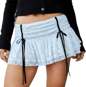 Y2k Half Slip Mini Skirts for Women Ruffle Floral Lace Short Skirts Layered Pleated Flowy Skirt Streetwear