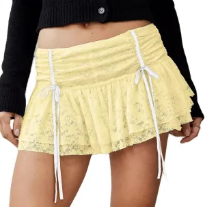 Y2k Half Slip Mini Skirts for Women Ruffle Floral Lace Short Skirts Layered Pleated Flowy Skirt Streetwear