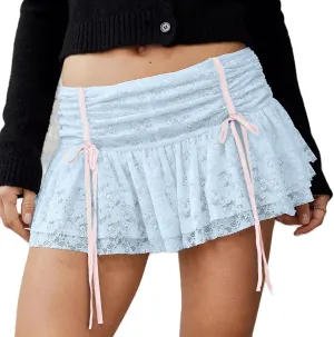 Y2k Half Slip Mini Skirts for Women Ruffle Floral Lace Short Skirts Layered Pleated Flowy Skirt Streetwear