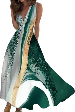 Yesunpxs Dresses for Women 2024 Sleeveless Flowy Ruched Maxi Dress Wrap V Neck Floral Printed Beach Dresses Boho Sundresses