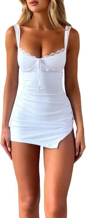 Yoawdats Women Backless Bodycon Mini Dress Sexy Lace Trim Spaghetti Strap Ruched Slit Cocktail Nightclub Beach Party Dresses