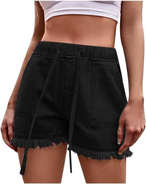ZDRZK High Waisted Denim Shorts for Women 2023 Summer Drawstring Jeans Straight Leg Raw Hem Jean Shorts with Pockets