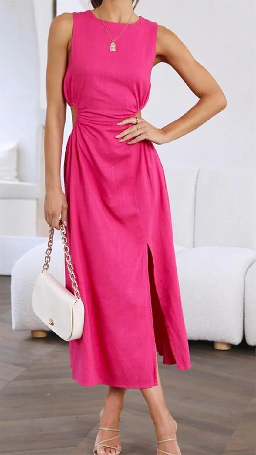 ZWRXW Long Linen Dress for Women Cutout Waist Slit Maxi Dress Summer Casual Crewneck Sleeveless Tank Dress Work Office Dress