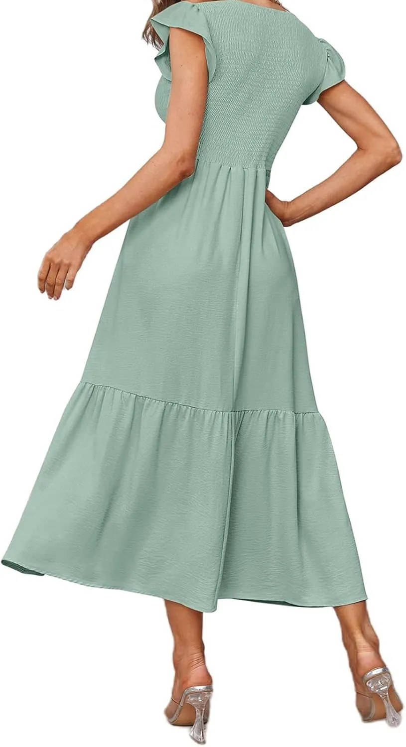ZWRXW Maxi Dresses for Women Summer Ruffle Cap Sleeve Dress Smocked High Waist Flowy A Line Tiered Long Dress with Pockets