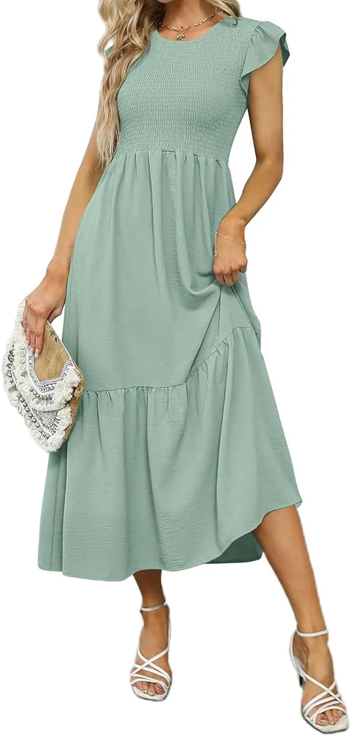 ZWRXW Maxi Dresses for Women Summer Ruffle Cap Sleeve Dress Smocked High Waist Flowy A Line Tiered Long Dress with Pockets