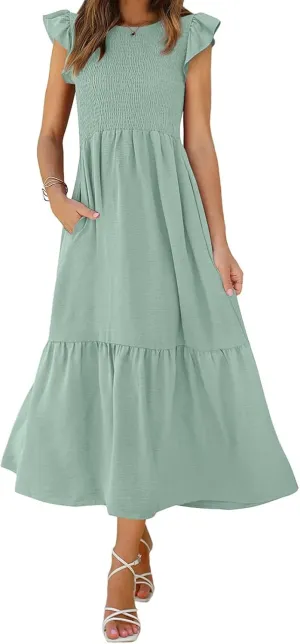 ZWRXW Maxi Dresses for Women Summer Ruffle Cap Sleeve Dress Smocked High Waist Flowy A Line Tiered Long Dress with Pockets